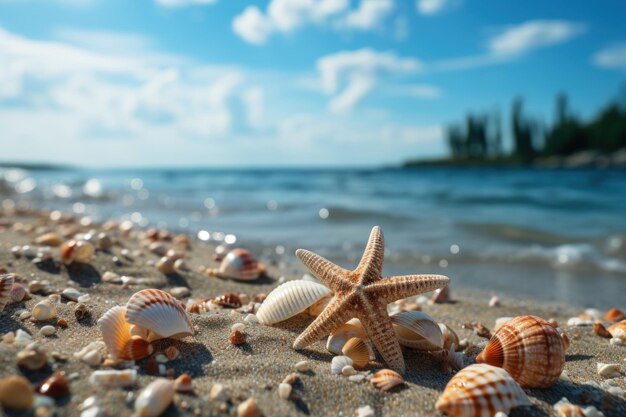 Foto stella di mare sulla sabbia circondata da conchiglie bella foto estiva