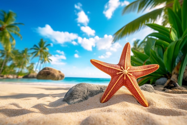 Foto stelle di mare su una spiaggia sabbiosa sullo sfondo dell'oceano