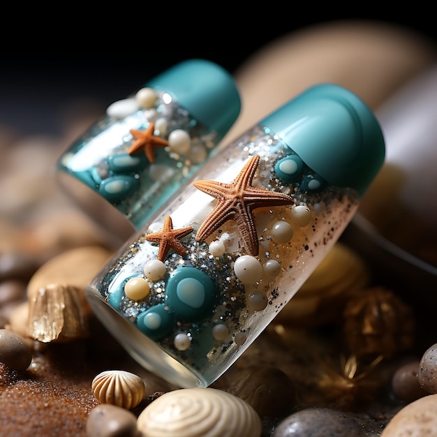 Starfish on Sandy Beach Nails Design Neutral and Blue Tones Concept Idea Creative Art Photoshoot