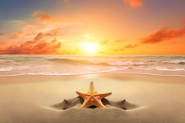 a starfish on a sandy beach with the ocean in the background