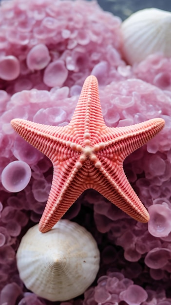 핑크색 꽃의 침대에 있는 바다 별과 바다 데기