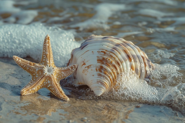 Photo starfish and seashell on the summer beach in sea water