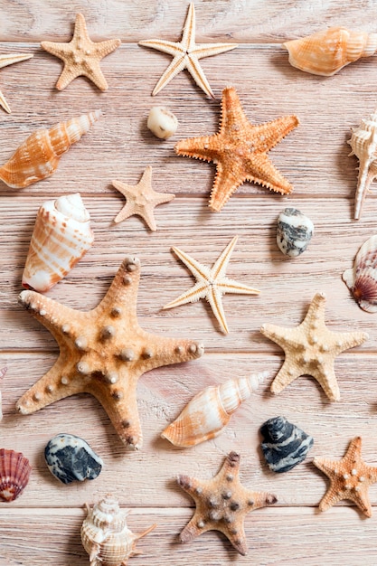 Starfish and seashells background on a wooden table, top view, flat lay.