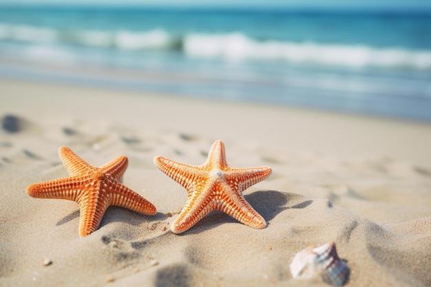 Starfish and seashells on the beach in the sand.