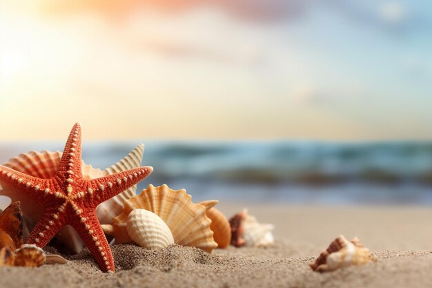 Starfish and seashells on the beach with a sunset background