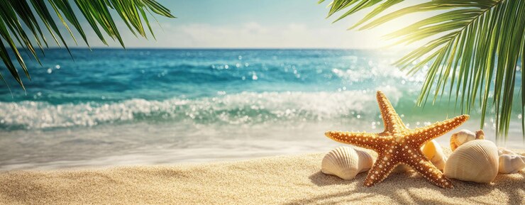 Photo starfish and seashells on exotic beach sand with palm leaves and sparkling waves