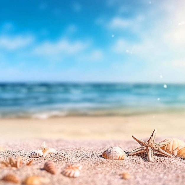 Starfish and seashells on sandy beach Summer vacation concept