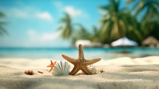 Starfish and seashells on sandy beach summer vacation conceptgenerative ai