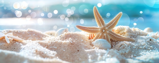 Photo a starfish and shells are on the sand by the ocean