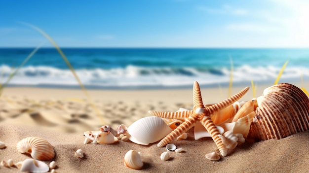 Starfish and shells on the beach summer seaside vacation background