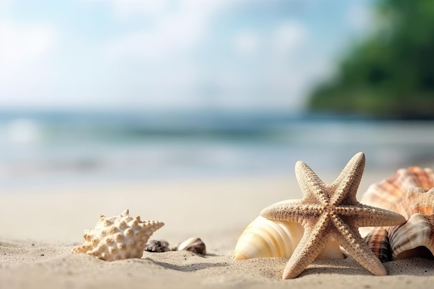 Starfish and shells on the sand with a paradise beach in the background Copy space summer concept Ai generative