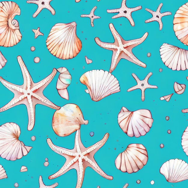 Starfish and shells seamless pattern