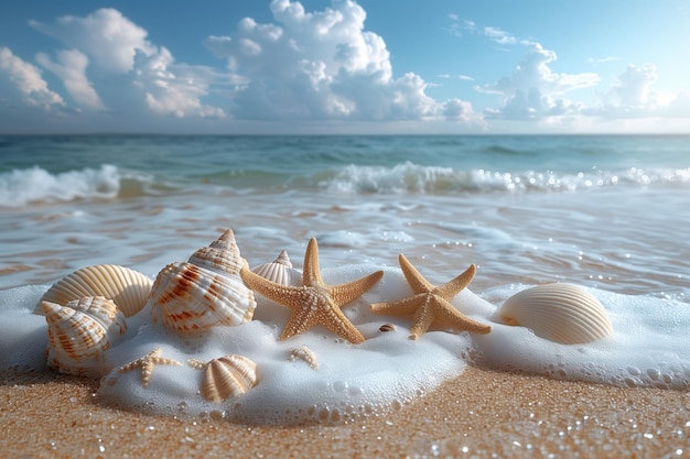 Starfish Shells and Waves Caressing the Sandy Shoreline