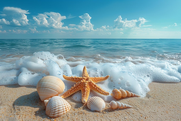 Starfish Shells and Waves Caressing the Sandy Shoreline