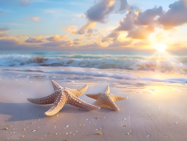 Photo starfish on shoreline with sunset over tropical horizon ai generated