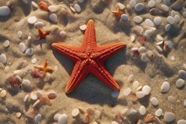 A starfish sits on a beach with seashells and seashells.