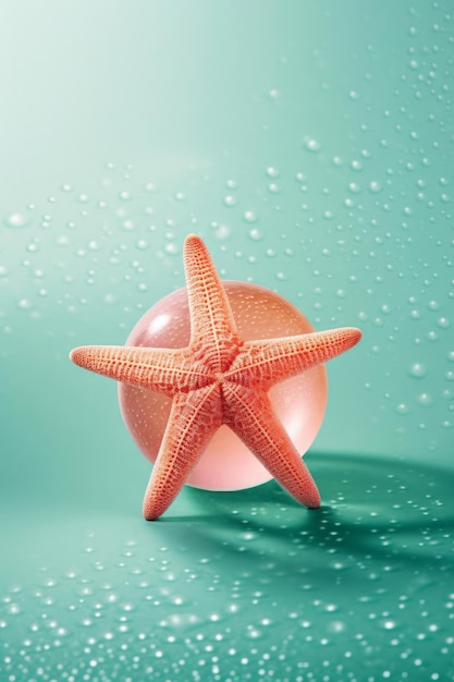 A starfish sits on a bubble with water droplets on it.