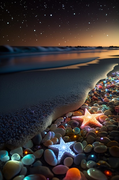 Starfish sitting on top of a beach next to the ocean generative ai