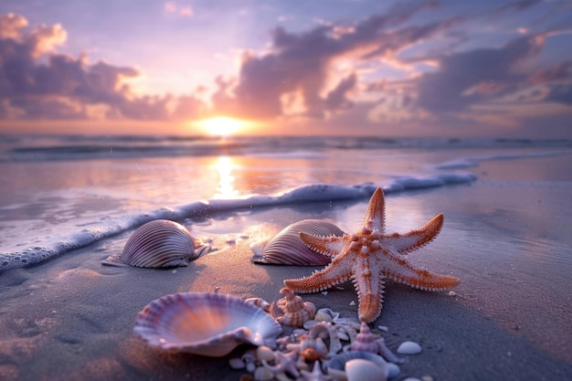 A starfish and some shells are on the beach