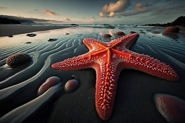Starfish on summer beach at sunrise or sunset Generative AI