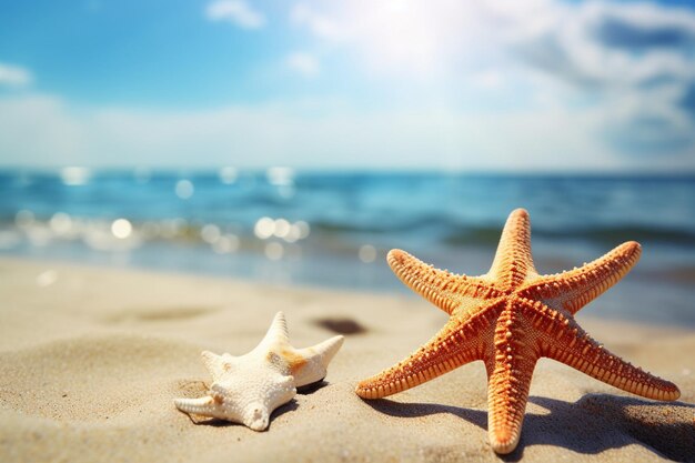 Starfish on summer sunny beach at ocean background