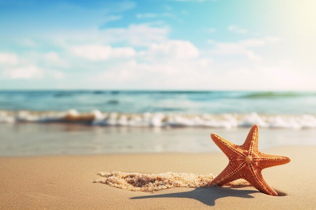 Starfish on summer sunny beach at ocean background