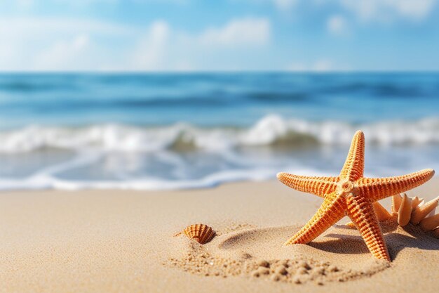 Starfish on summer sunny beach at ocean background