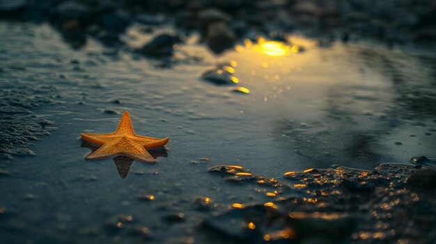 Foto stelle di mare sulla spiaggia bagnata al tramonto