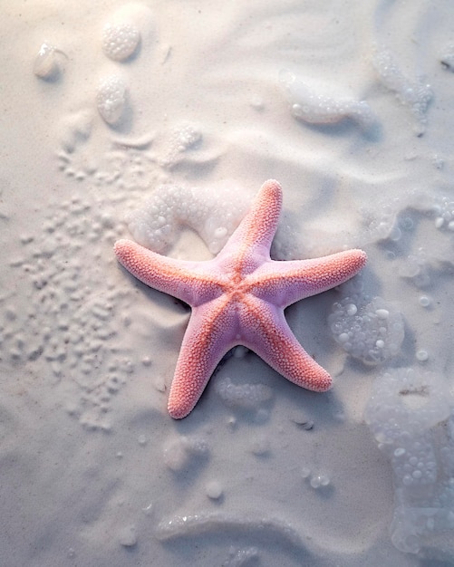 Starfish on white sand with water drops vintage toned
