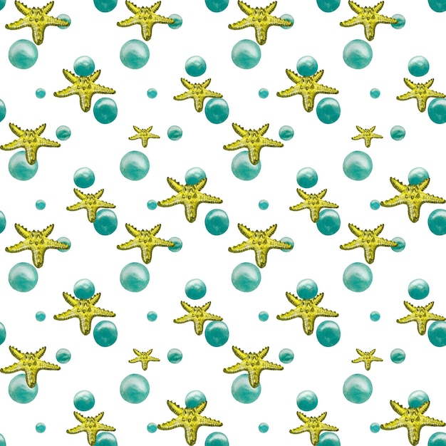 Starfish yellow bubbles blue seamless pattern. A watercolor isolated illustration. Hand drawn.