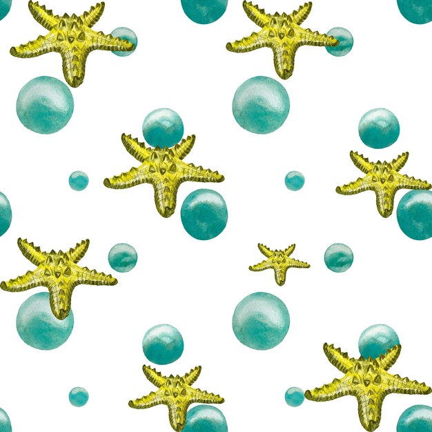 Starfish yellow bubbles seamless pattern sketch. A watercolor isolated illustration. Hand drawn.