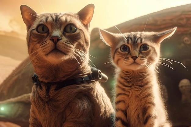 宇宙艦隊の猫が外来種と出会うイラスト生成AI