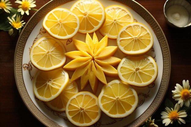 Starfruit slices arranged in a sunburst pattern on a plate Starfruit image photography