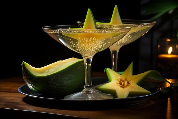 Starfruit with a slice balanced on the rim of a cocktail glass Starfruit image photography