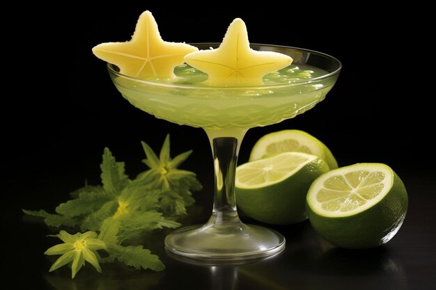 Starfruit with a slice balanced on the rim of a mrgarita glass Starfruit image photography