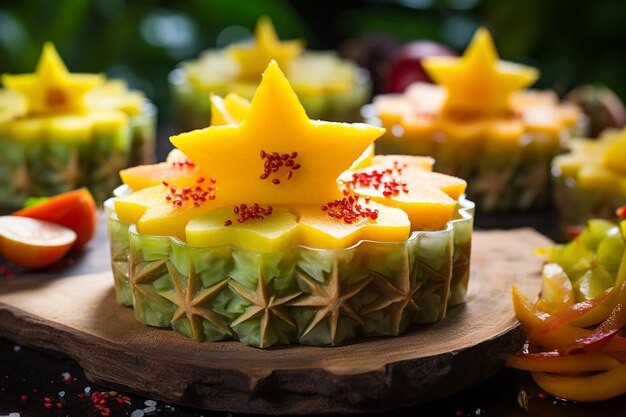 Photo starfruit with a slice placed on top of a fruit tart starfruit image photography