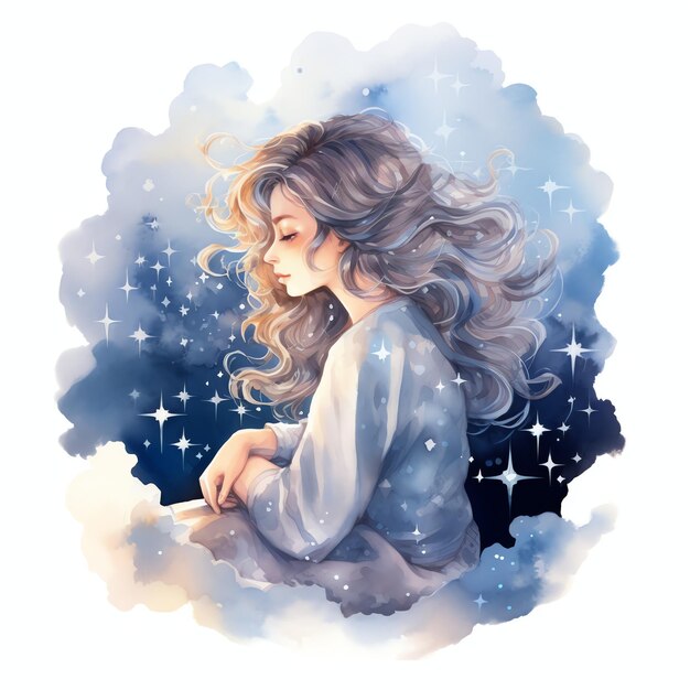 Photo stargazing girl fantasy sky night stargazing watercolor