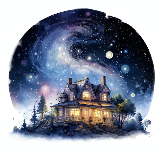 Photo stargazing house fantasy sky night stargazing watercolor