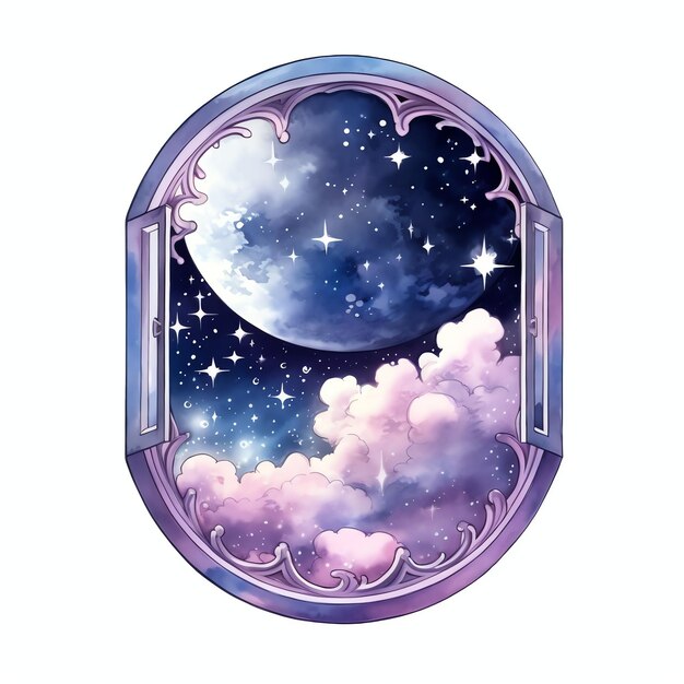 Photo stargazing window fantasy sky night stargazing watercolor