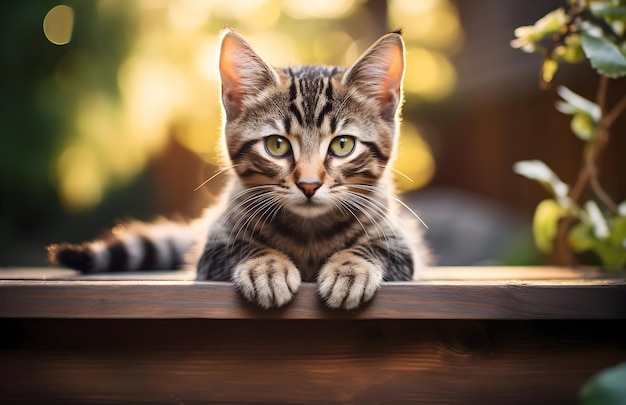 Staring Brown Tabby Cat On Wooden Bench