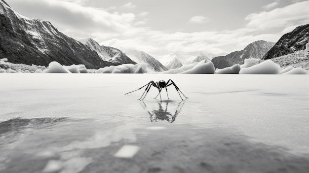 얼어붙은 고산 호수 위를 걷는 스탁 흑백 거미