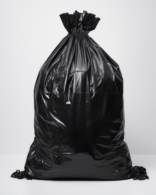 Photo stark contrast a stunning visual study of a black garbage bag on white background