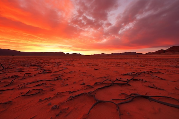 Stark Desert Landscape Under a Red Burning Sun