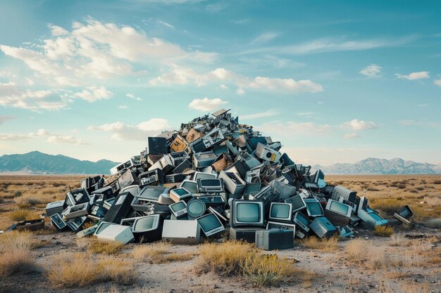 A stark image depicting a pile of discarded electronic waste in a desert environment