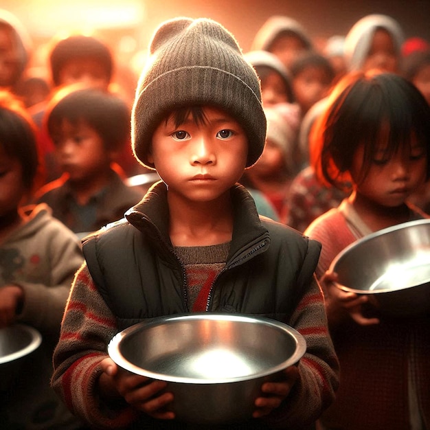 Photo the stark reality of hunger among refugee kids holding bowls