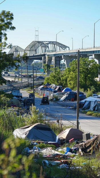 Photo the stark reality of urban homelessness unfolds beside a busy highway with tents and scattered belongings marking an overlooked segment of the city