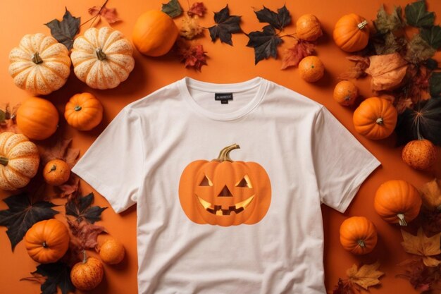 Photo a stark white tshirt mockup with halloween pumpkins and leaves around it seen from above