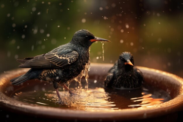 Starlings having a bird bath with water droplets spraying