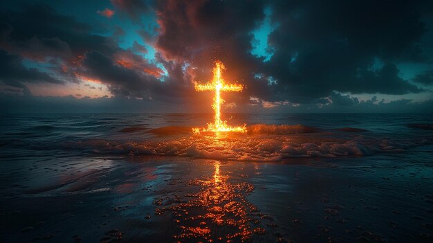 A Starlit Beach With CrossShaped Bonfire Background