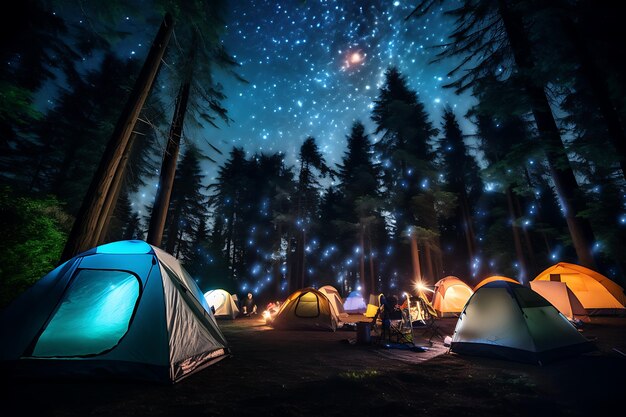 宇宙の天蓋の下にある星空のキャンプテントのキャンプ写真